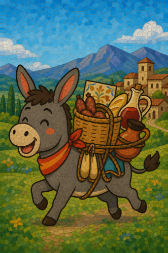 L’âne traverse un paysage catalan avec son panier