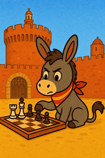 L’âne joue aux échecs devant une forteresse