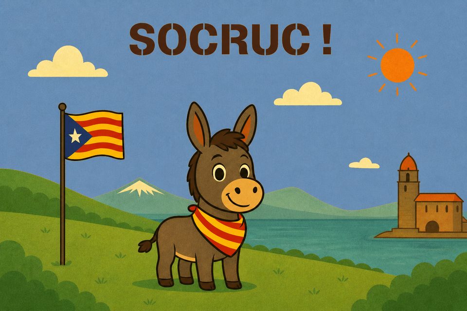 L’âne SOCRUC devant un paysage catalan et le drapeau sang et or